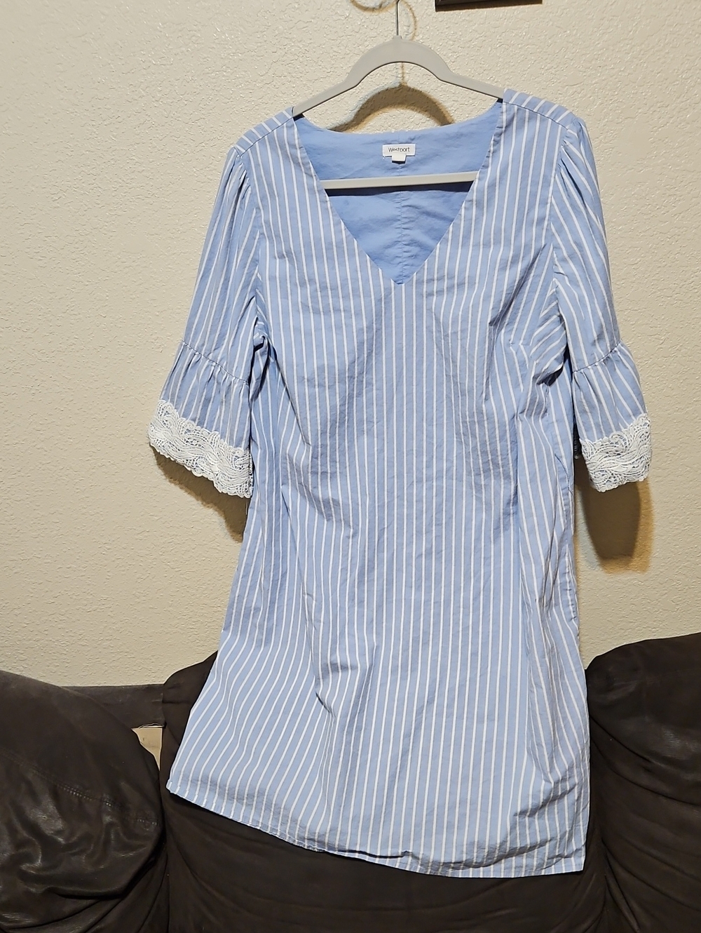 Westport Light Blue & White Striped Midi Dress with Lace Cuffs